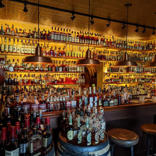 Hundreds of bottles of bourbon at Prohibition Bourbon Bar in Newport, Ky.