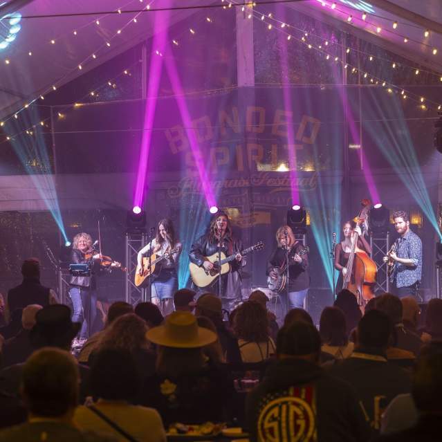 A band performs on stage under purple and teal lights with a crowd in front of the stage.
