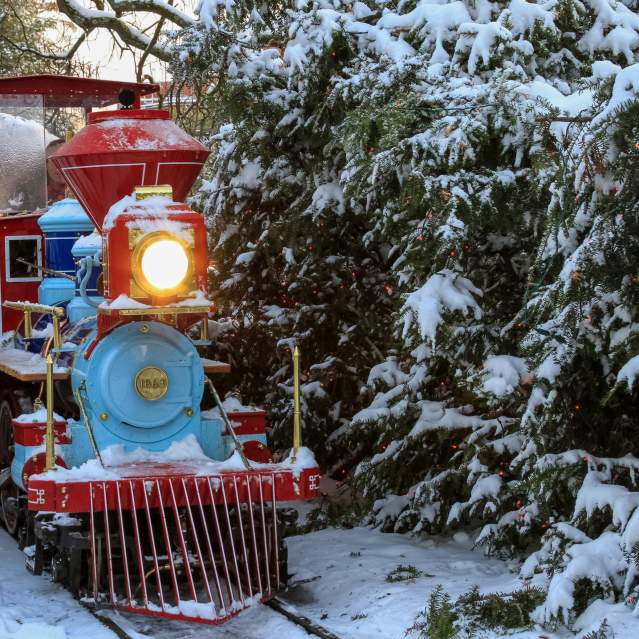 A red and blue train winds through a snowy path.