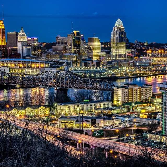 Cincinnati skyline at night taken from Devou Park
