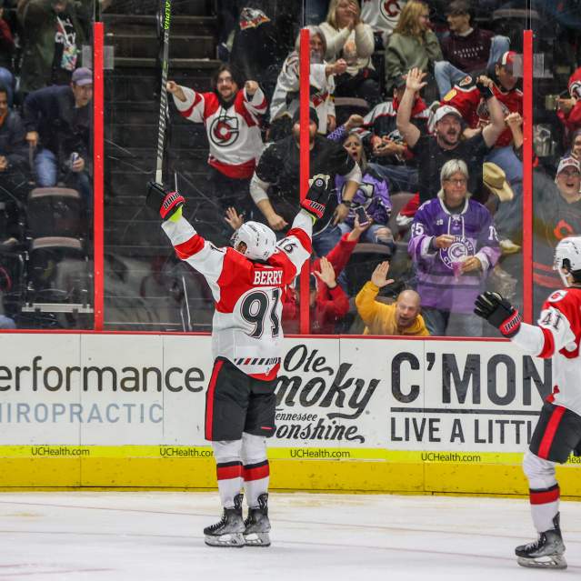 Image is of two Cincinnati Cyclones players on the ice with fans in the background cheering.