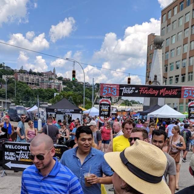 A group of people are wandering downtown Cincinnati during the Taste of Cincinnati festivals