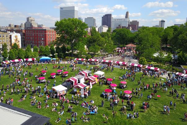Image is an arial shot of the Asian Food Fest at Washington Park.