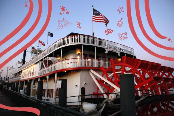 A paddlewheel boat with red, hand drawn elements.