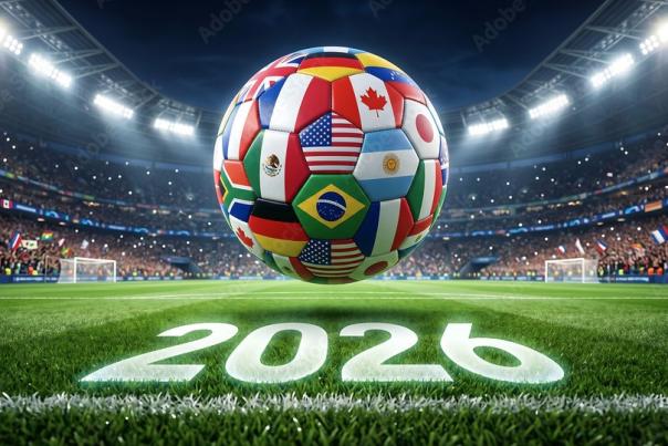 A soccer ball with different global flags hovering above the year "2026" on a soccer field.