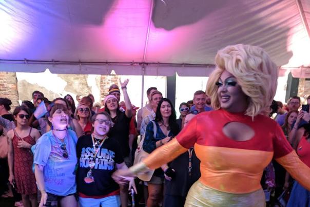 Drag Queen Sarah Jessica Darker dancing in front of NKY Pride crowd at Hotel Covington