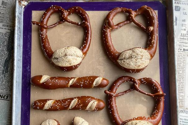 A tray of baked pretzels from Tuba Baking