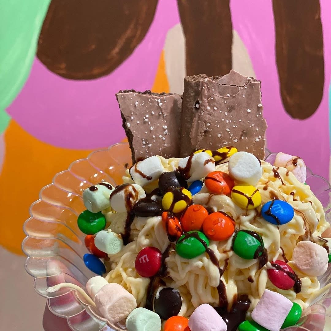 A recreation of the spaghetti breakfast in the movie Elf, using Eis (spaghetti shaped ice cream), M&Ms, a fudge Pop Tart and maple syrup.