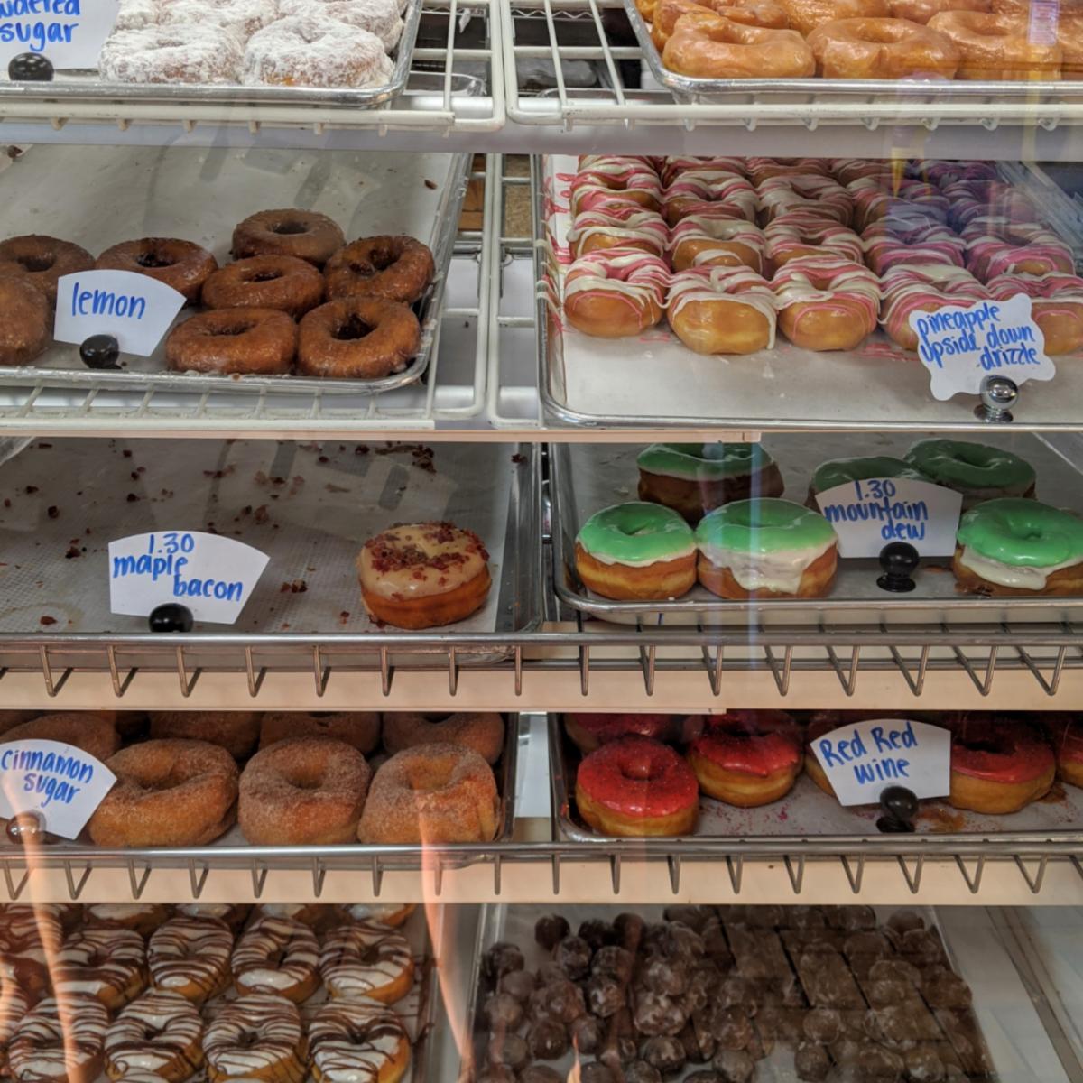 A case full of Moonrise donuts in various colors in Covington, Ky