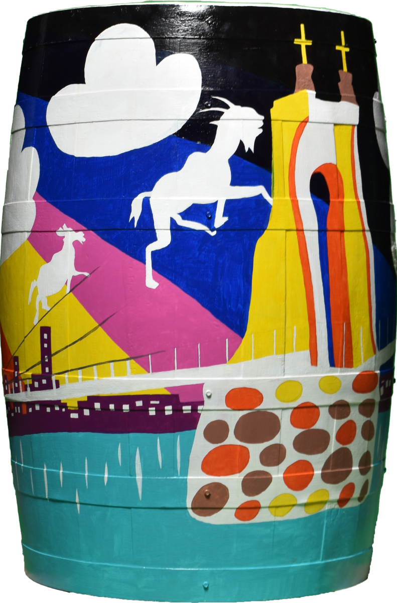 A bourbon barrel painted with a scene of the Roebling Suspension Bridge and goats from The Gruff restaurant flying over it