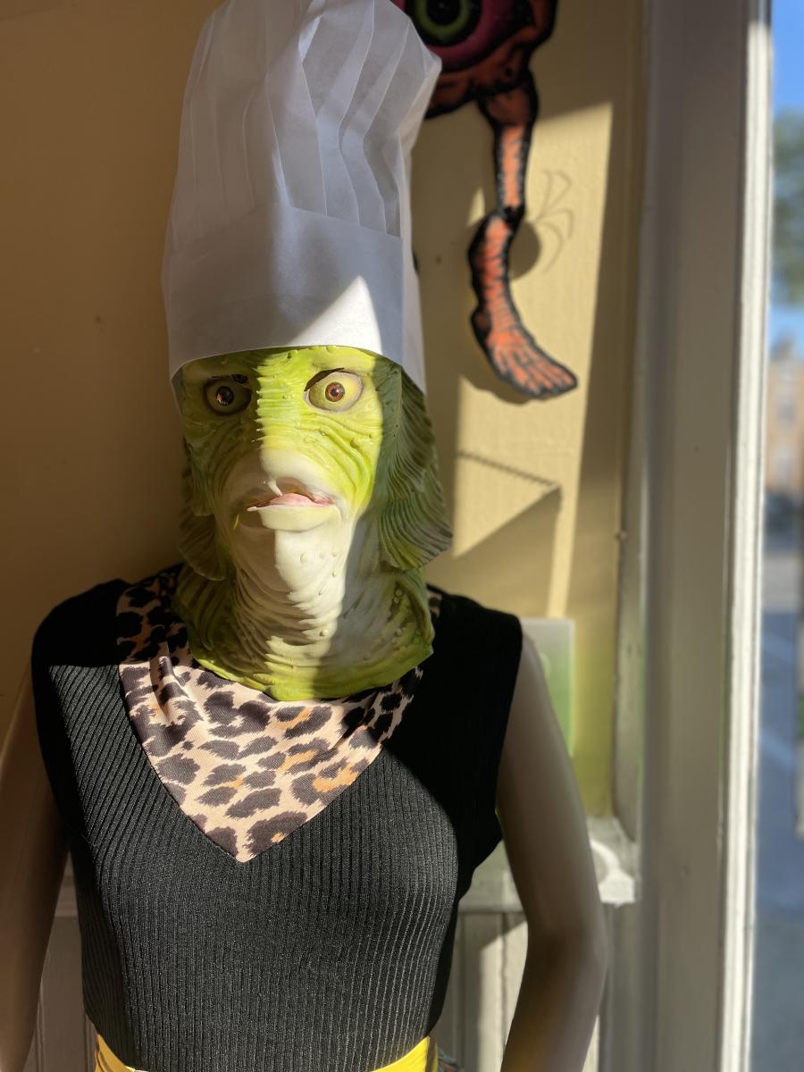 Image is of a mannequin dressed as the creature from the black lagoon.
