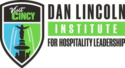 A shield with text saying "Visit Cincy" with a stylized graphic of the Tyler Davidson Fountain underneath. Text reading "Dan Lincoln Institute for Hospitality Leadership" is to the right of the shield.