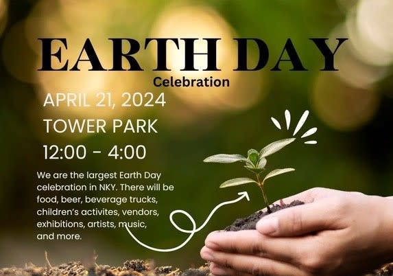 Image is a poster of the Earth Day Celebration at Tower Park on April 21, 2024 from 12 pm -4 pm.