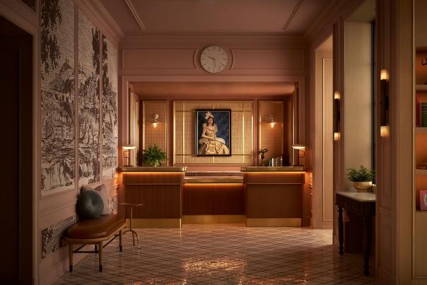 A plush bench sits in the foreground before a warmly lit reception desk adorned with a portrait, all set against a backdrop of elegant, patterned walls.