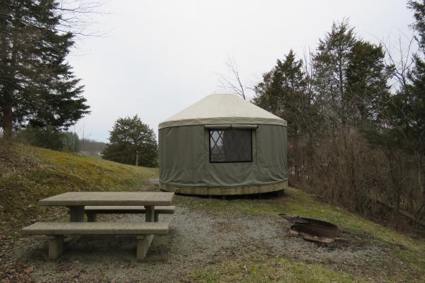 photo of a yurt, fire pit, and picnic table at aj jolly park in Alexandria ky