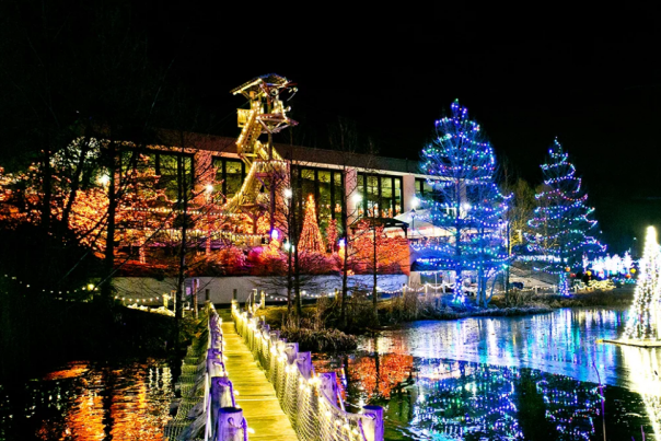 Exterior of Creation Museum lit up with holiday lights for ChristmasTown event. (photo: Answers in Genesis)