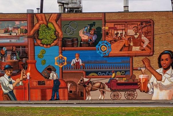 A mural depicting the history of brewing beer in Cincinnati