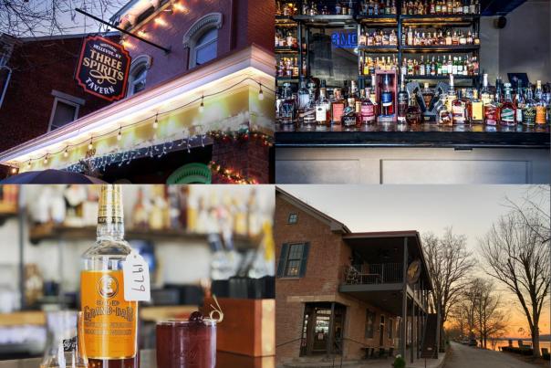 Collage photo of Three spirits tavern, the bar at Smoke Justis, Old Grandad and a cheerwine bourbon slush at Libby's, and a sunset behind the Beehive Tavern in Augusta, Ky