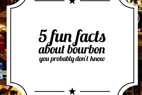 Wall of bourbon bottles with white sign that reads 5 fun facts about bourbon you probably don't know.