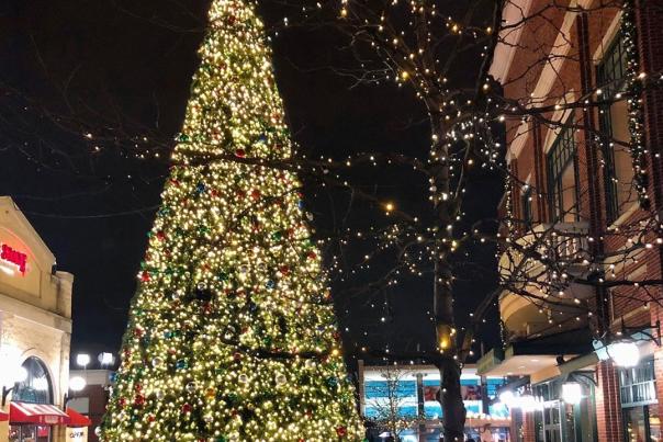 Christmas tree, several stories high, lighted with white lights at Newport on the Levee in Kentucky