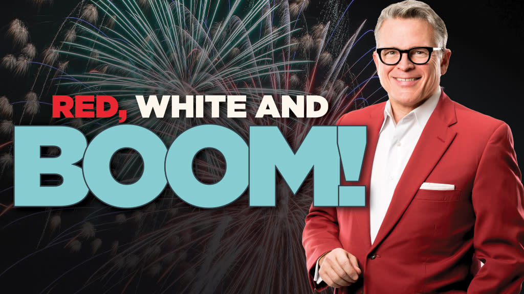 Image of fireworks, a guy and the words "Red, White and Boom!"