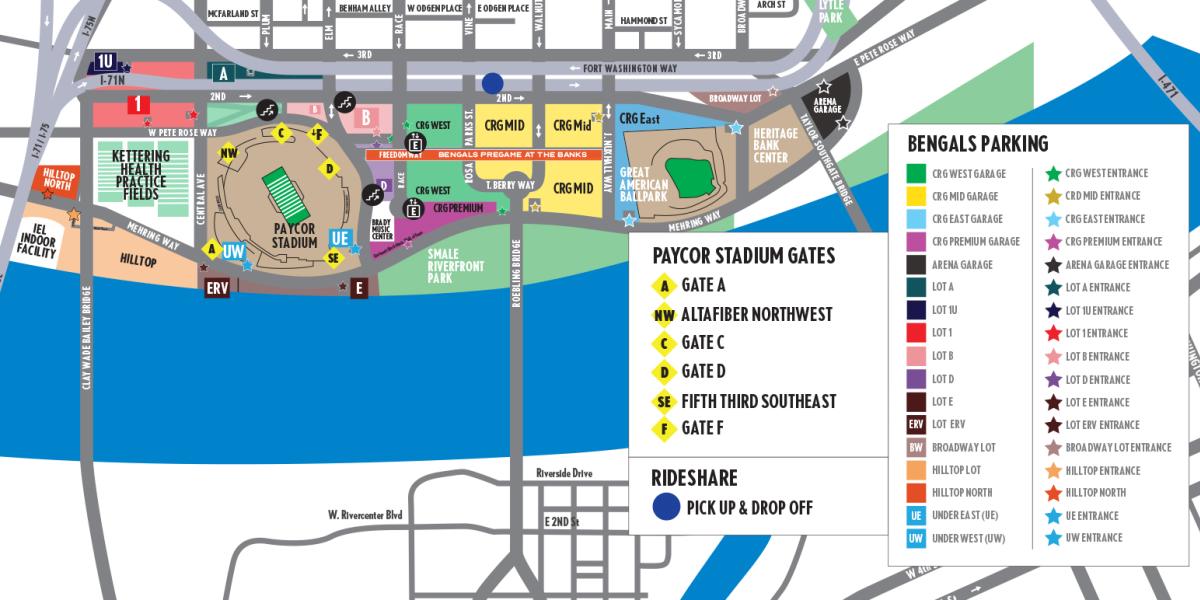 A color-coded map of the tailgating and parking options outside of Paycor Stadium during Bengals games.
