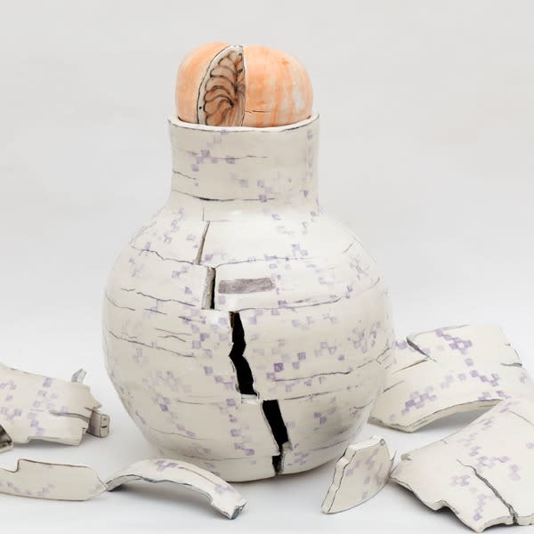 Image is of pottery that has been shattered with some pieces put together and some lying beside.