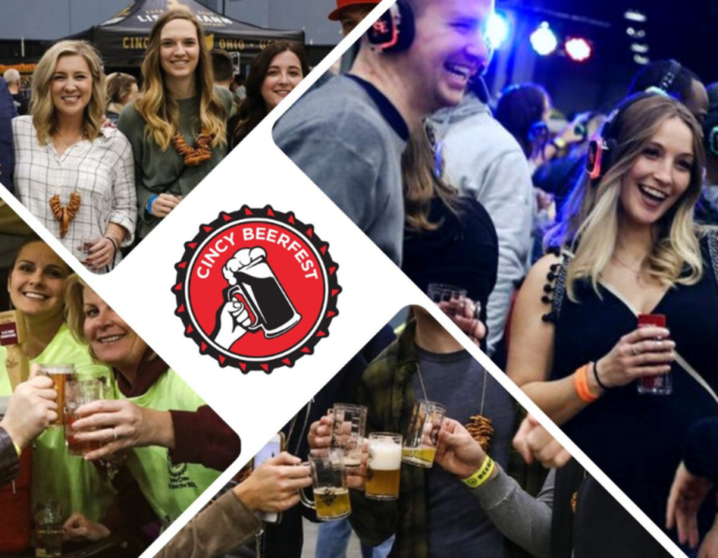 Image is a poster with multiple images of people holding beer and laughing with an icon of a hand holding a stein and above it is "Cincy Beerfest".