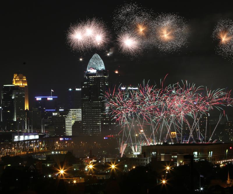 fireworks celebration over Cincinnati downtown
