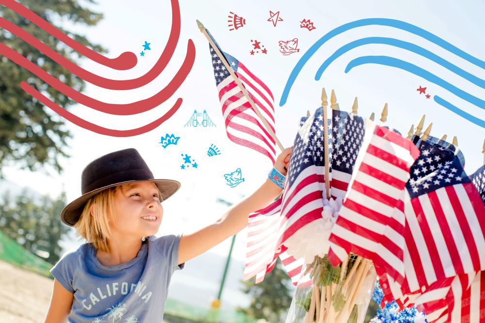 A child wearing a hat reaches for an American Flag. Red and blue hand drawn elements decorate the photo.