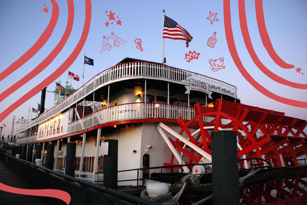 A paddlewheel boat with red, hand drawn elements.