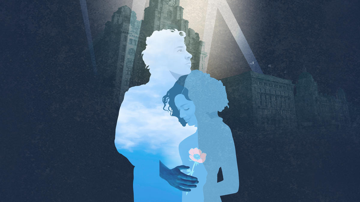 Image is a poster of a male and female embracing.