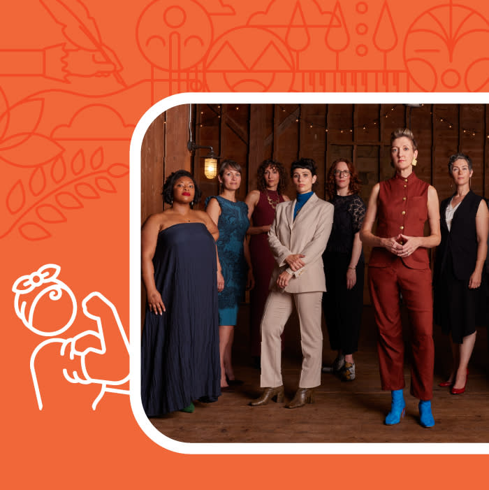 An orange background with a white outline of Rosie the Riveter surrounds a photo of seven femmes standing, facing the camera. They are looking distinguished and serious.