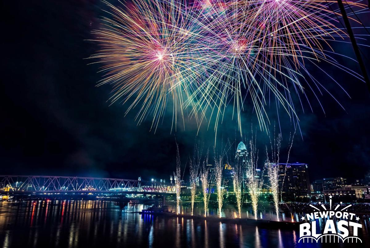 Image is of fireworks over the Ohio River with the City of Cincinnati in the background.