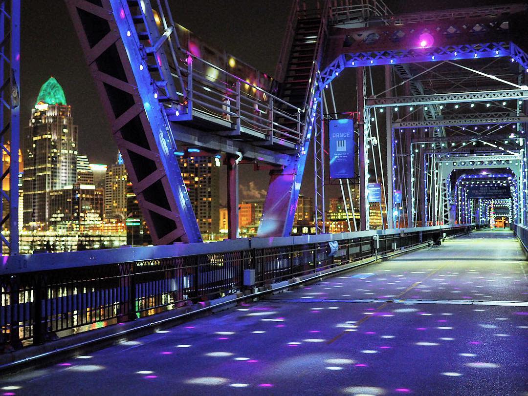 The Purple People Bridge across the Ohio river lighted up for the holidays with the Cincinnati skyline in the background, viewed from Newport, Ky.