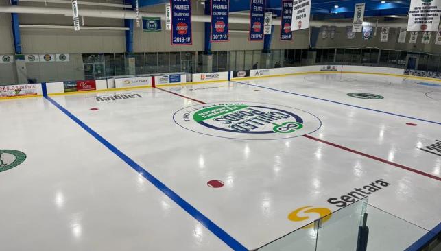 An aerial shot of an ice skating rink at Chilled Ponds Ice Sports Complex