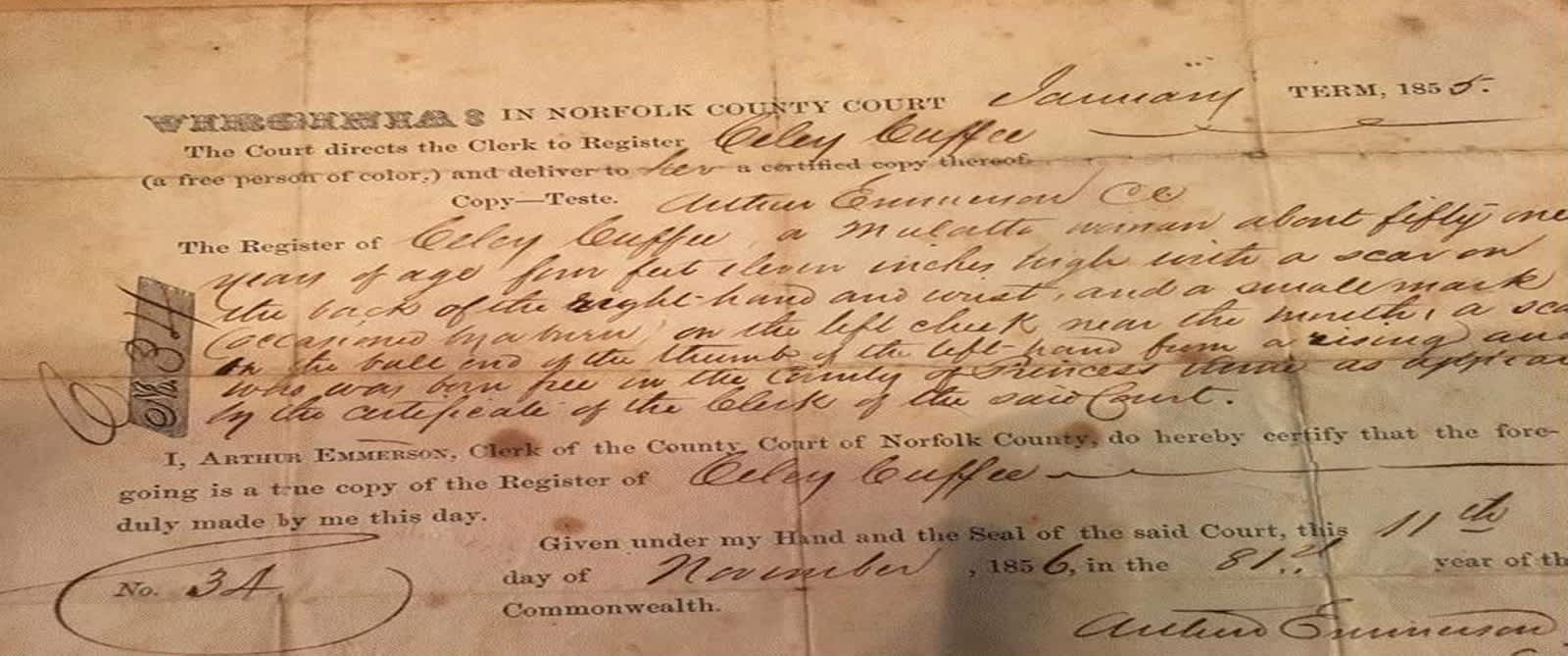 Cuffee Freedom Papers dated 1856