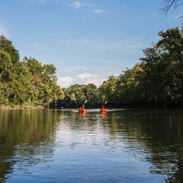 Friends enjoy a day of kayaking along the quiet waters of the Saluda River outside of Columbia, SC.
