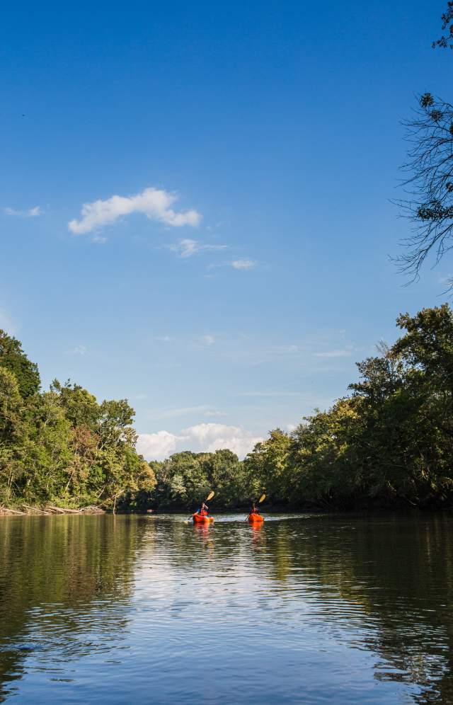 Friends enjoy a day of kayaking along the quiet waters of the Saluda River outside of Columbia, SC.