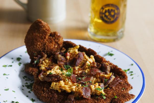Schnitzel with pimento cheese on top