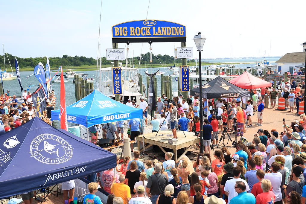 Crowd of People Watching A Marlin Getting Weighed At Big Rock Blue Marlin Tournament