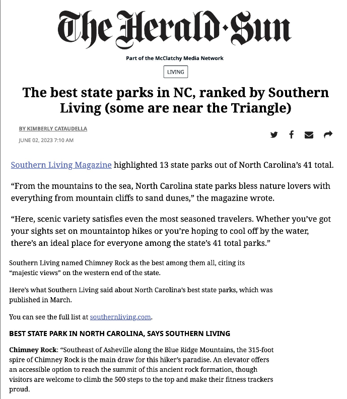 The Herald Sun Best State Parks in NC Cover