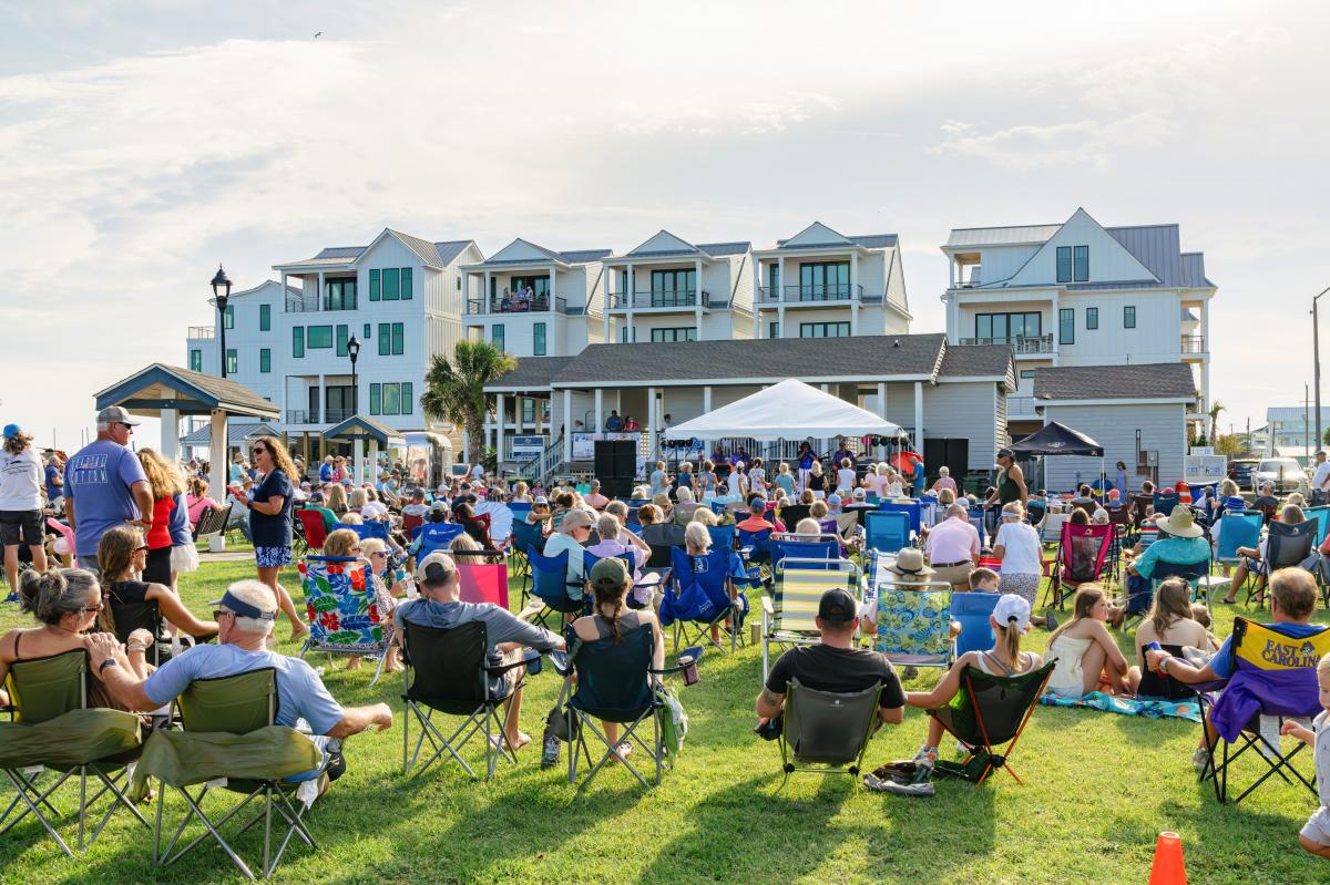 Group of people enjoying live music on the lawn.