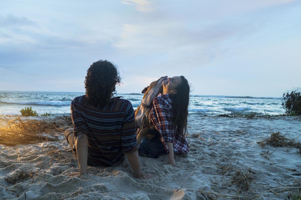 Couple by fire on beach