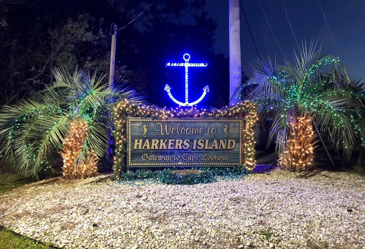 Harkers Island sign at Christmas