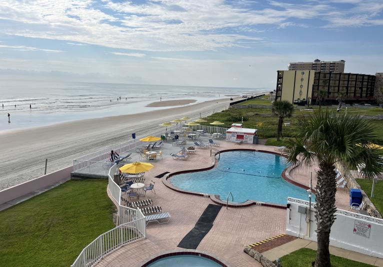 High view of pool and beach