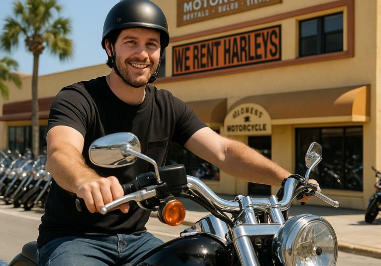 Rider in front of shop