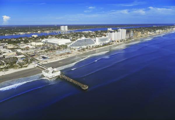 An aerial view of the Daytona Beach coastline and Main Street Pier