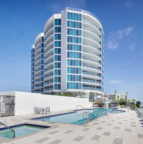 Hotel pool and hot tub with Max Beach Resort in the background