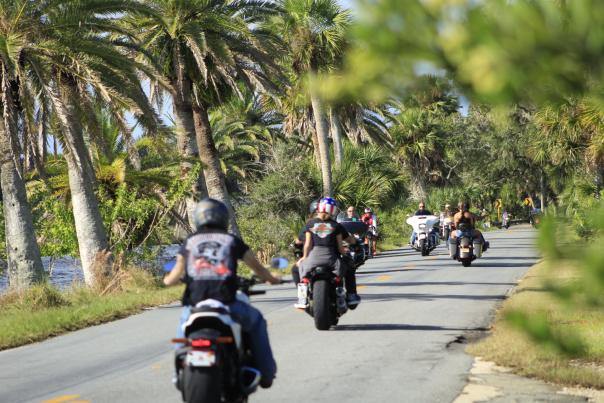 Motorcycle riders riding The Loop, a 34-mile tree lined scenic route, during Biketoberfest in Daytona Beach, Florida.